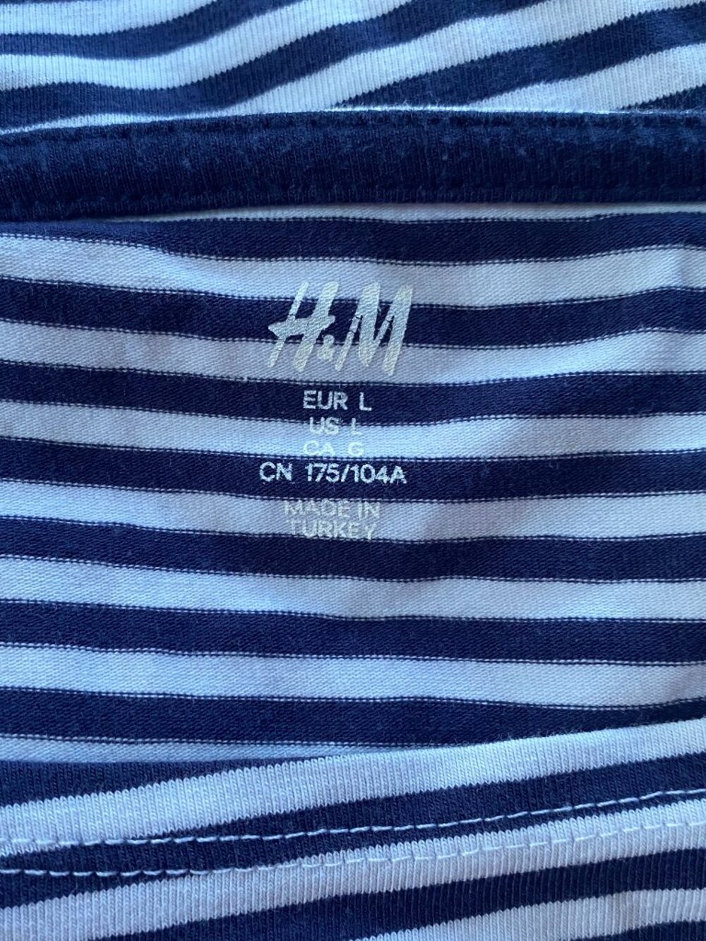 H&M Blue White striped NAUTICAL classic BOATNECK 3/4 T-Shirt *LARGE* - Picture 5 of 5
